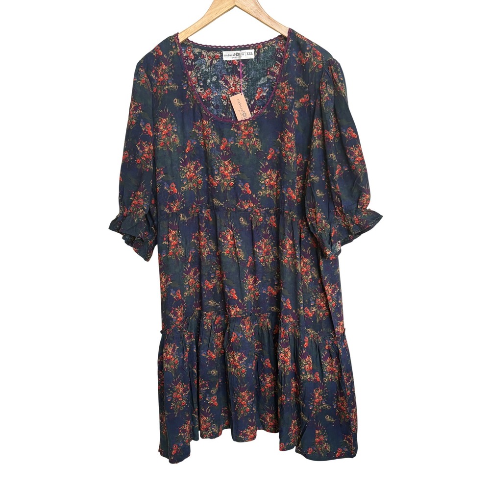 NWT Natural Life Floral Tiered Boho Midi Dress XXL Puff Sleeve Navy Red